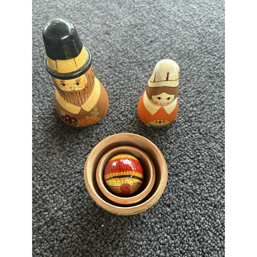Thanksgiving Theme Nesting Dolls Set of 3 Pilgrim‎ Boy Girl